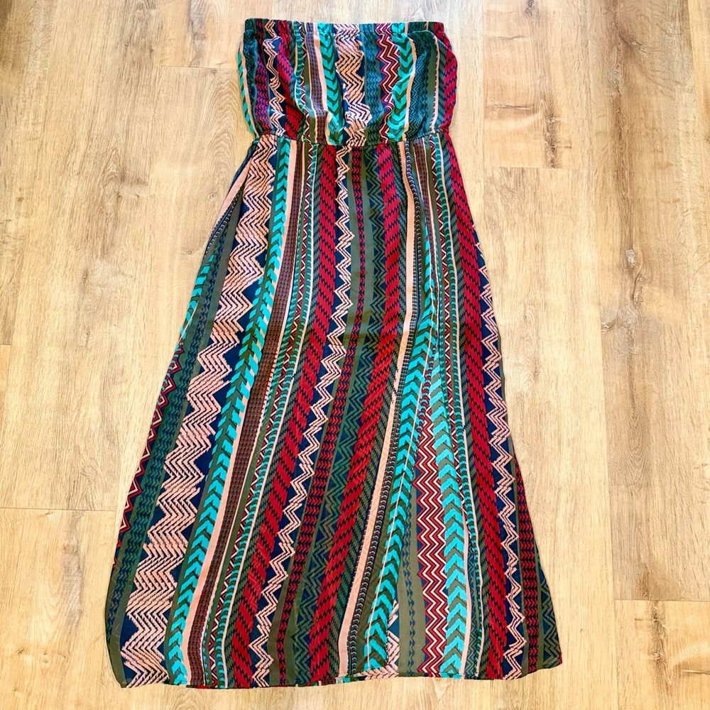 Bar III Strapless Tribal Print Maxi Dress with Front Slit – Multicolor (Size XL)